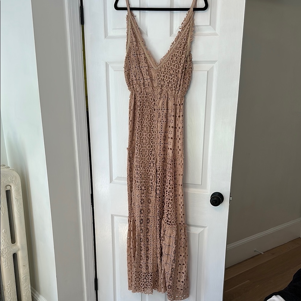 Free People Lace V-Neck Jumpsuit in Tan
